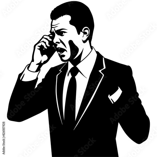 A business man talking with mobile phone with angry mode vector silhouette, white background
