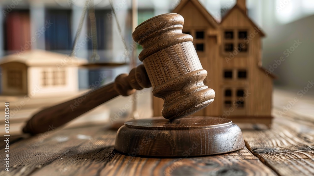 Concept of Justice and Law: Conceptual image of a wooden gavel and house model in a legal context Concept of Justice and Law: Conceptual image of a wooden gavel and house model in a legal context