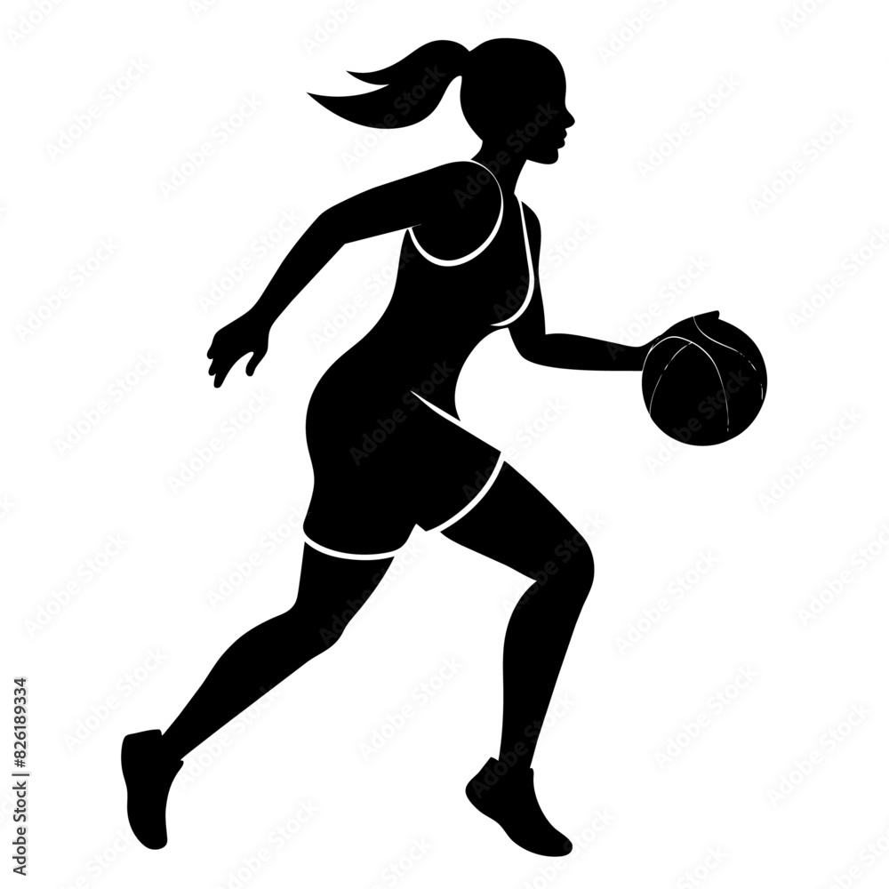 a slim female basketball run fast, holding the ball vector silhouette, isolated white background