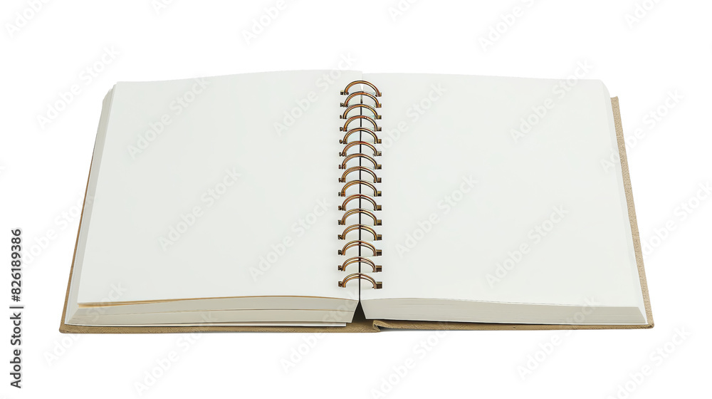 Open spiral notebook with blank white pages ready for notes, sketches or writing. Ideal for school, office or personal projects. Open spiral notebook with blank white pages ready for notes, sketches or writing. Ideal for school, office or personal projects.