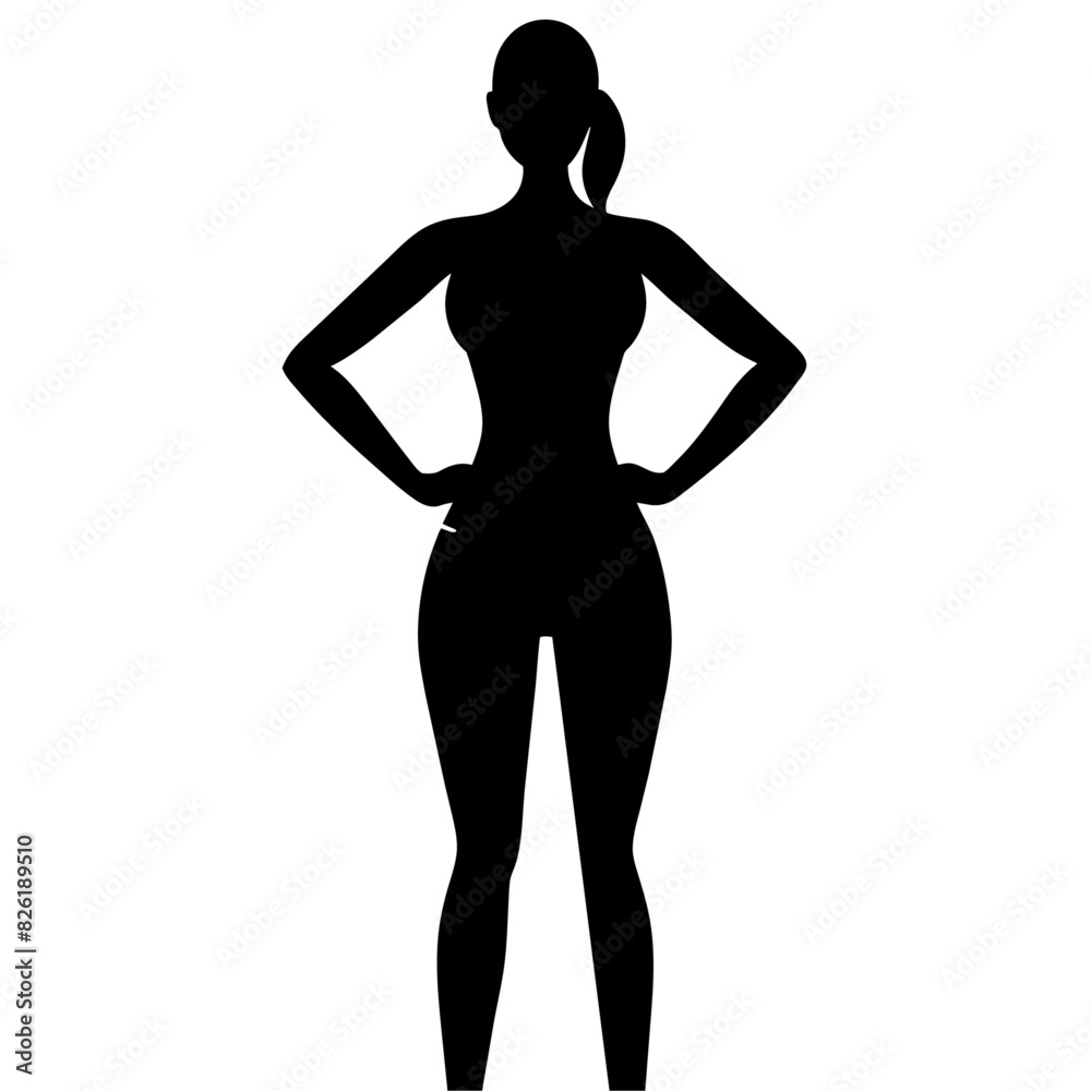 a slim woman stands with her hands on her hips, doing exercises vector silhouette