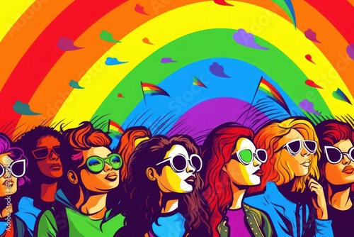 Group of people partying on the background of a rainbow. LGBT community concept. 2d illustration. LGBT Concept with Copy Space. Pride Month Concept.