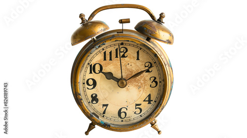 Vintage brass alarm clock with a weathered face showing wear from age, symbolizing the passage of time and nostalgia. photo