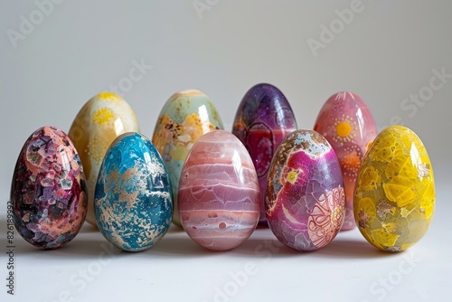 Vibrant array of handpainted easter eggs arrayed against a neutral background