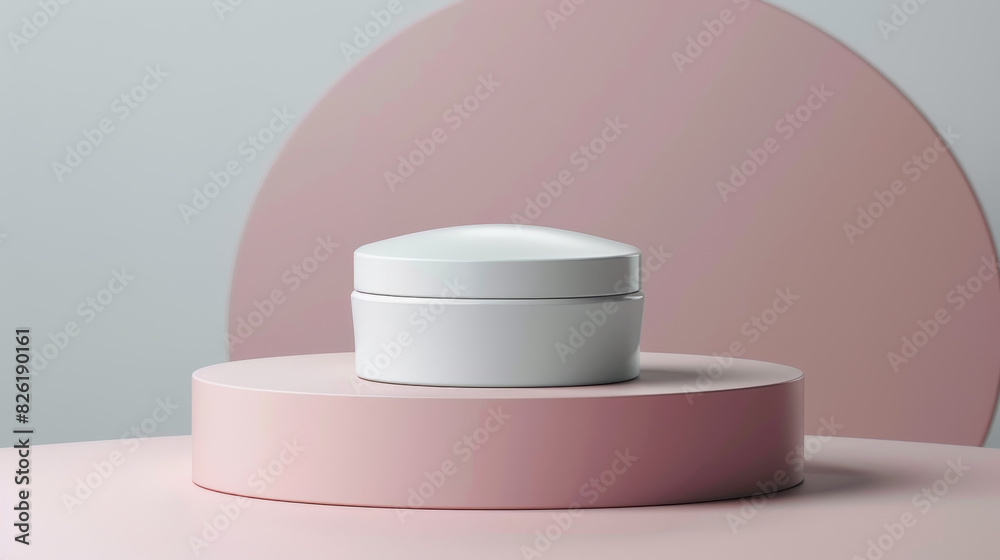 A white jar of cream sits on a pink pedestal A white jar of cream sits on a pink pedestal