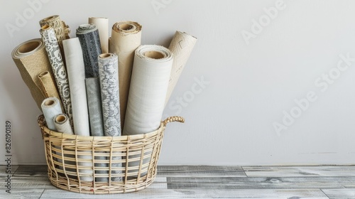 a basket filled with beige and grey rolls of carpet placed in an empty room, against a backdrop of light wood flooring and white walls.