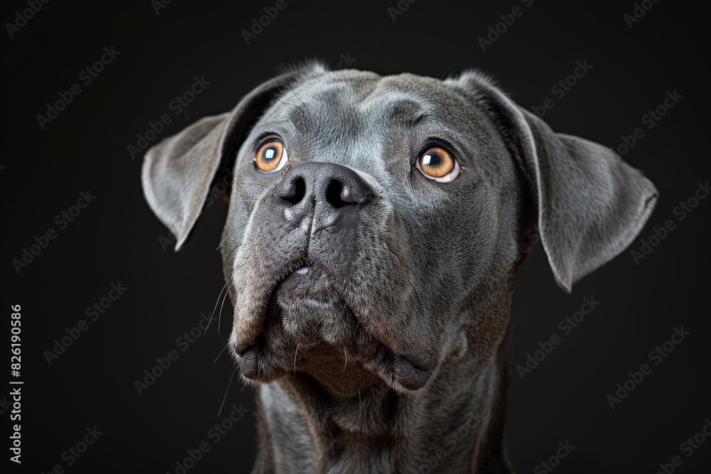 A detailed portrait of a gray dog looking up with soulful amber eyes against a black background A detailed portrait of a gray dog looking up with soulful amber eyes against a black background