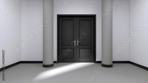 Door in an empty gray room with columns. 3D illustration.