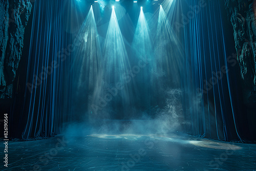 Magic Theater Stage Black Curtains, Show Spotlight, Beautiful abstract empty cinema background large copyspace area offcenter composition 