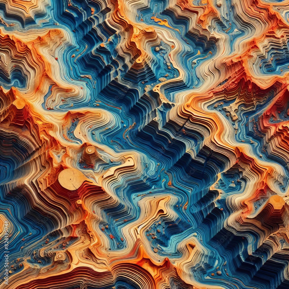 Vibrant, undulating geometric patterns create a mesmerizing abstract landscape in a spectrum of warm and cool colors.. AI Generation Vibrant, undulating geometric patterns create a mesmerizing abstract landscape in a spectrum of warm and cool colors.. AI Generation