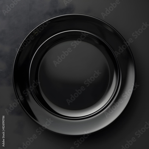 Black empty plate top view isolated on black background