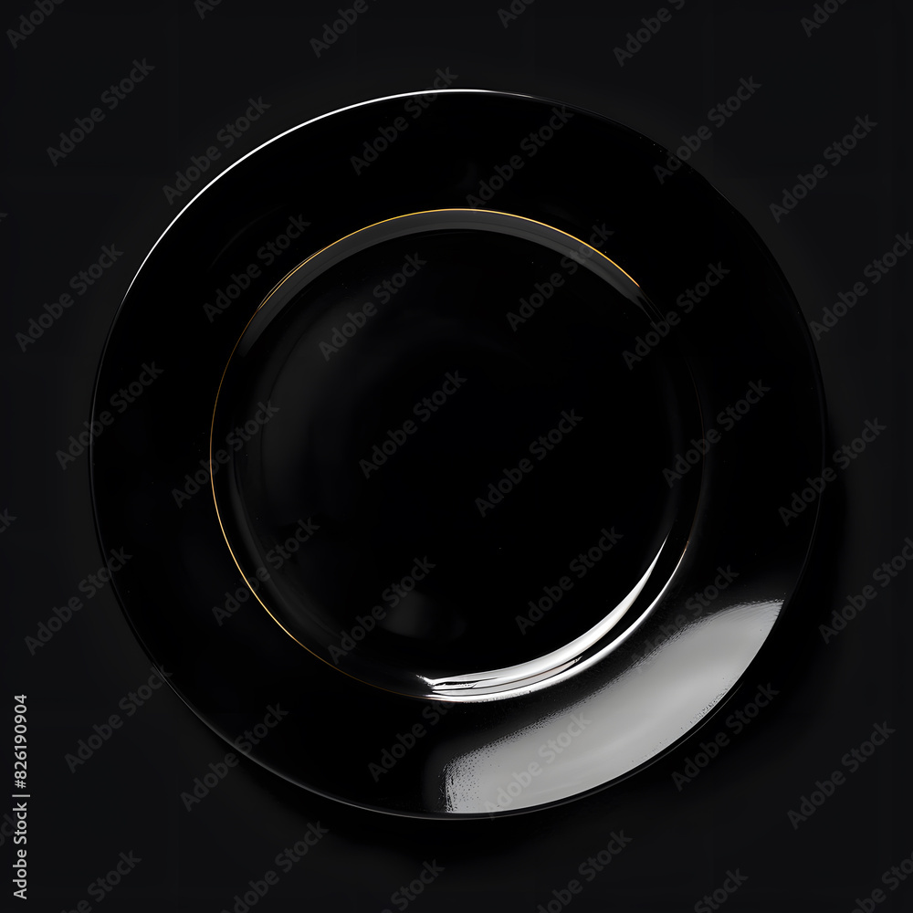 Black empty plate top view isolated on black background