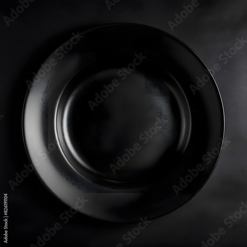Black empty plate top view isolated on black background