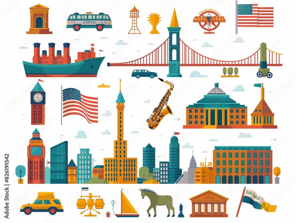 Vector illustration icon set of New York, flat style, color background, poster, collection of american landmarks. Bridge, yacht, car, rugby player, sax, building, flag. Vector illustration icon set of New York, flat style, color background, poster, collection of american landmarks. Bridge, yacht, car, rugby player, sax, building, flag.