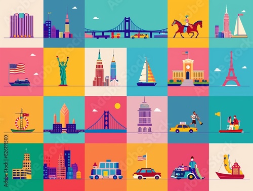 Vector illustration icon set of New York, flat style, color background, poster, collection of american landmarks. Bridge, yacht, car, rugby player, sax, building, flag.