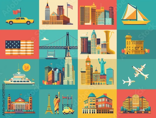 Vector illustration icon set of New York, flat style, color background, poster, collection of american landmarks. Bridge, yacht, car, rugby player, sax, building, flag.