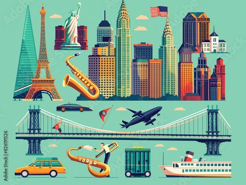 Vector illustration icon set of New York, flat style, color background, poster, collection of american landmarks. Bridge, yacht, car, rugby player, sax, building, flag.