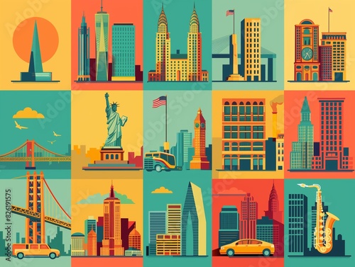 Vector illustration icon set of New York, flat style, color background, poster, collection of american landmarks. Bridge, yacht, car, rugby player, sax, building, flag.