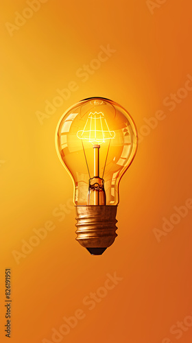 Glowing light bulb on orange background