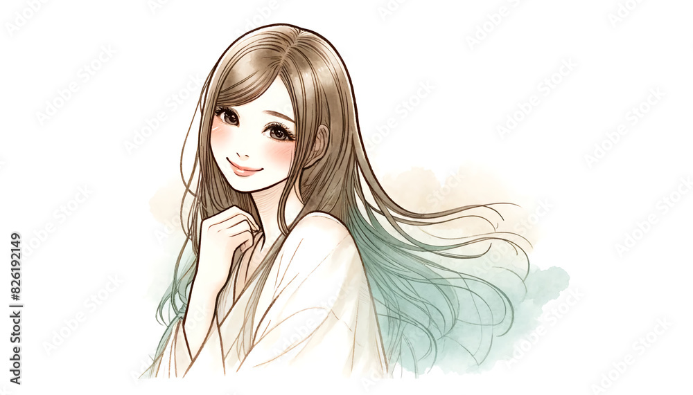 Watercolor illustration of a beautiful Japanese woman with long hair smiling shyly Watercolor illustration of a beautiful Japanese woman with long hair smiling shyly