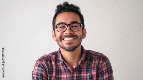 Happy Young Man with Glasses and Plaid Shirt Smiling Against a Light Background