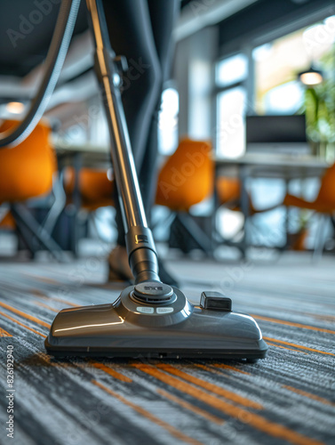 Close-up of vacuuming a carpet in a contemporary office environment, perfect for cleaning, hygiene, and professional maintenance concepts