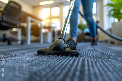 Professional cleaning in a modern office using a vacuum cleaner, focusing on the carpet and vacuum head, ideal for cleaning services and office hygiene themes