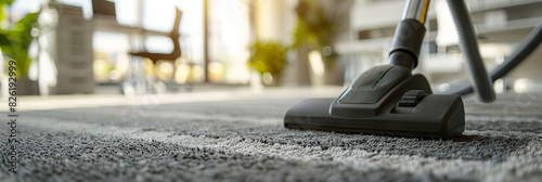 Close-up of vacuuming a carpet in a contemporary office environment, perfect for cleaning, hygiene, and professional maintenance concepts