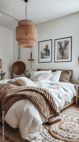 a modern bedroom interior featuring a bed, bedside table, and posters on the wall, all in a cohesive beige color scheme