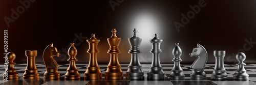 Chess pieces on a board in a dramatic light setting.3d rendering.