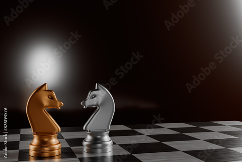 Two chess knights facing each other on a chessboard with a dark background.3d rendering.