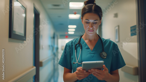 Female nurse using tablet in hospital hallway
