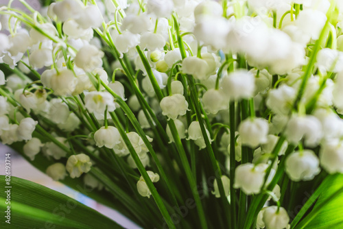 Beautiful lily of the valley bouquet, close up. Idyllic lily of the valley. Wild spring flowers concept. Tenderness and purity concept. Aroma white flowers. Romance background.