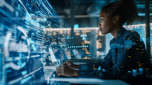 A woman is sitting in front of a computer screen with a lot of numbers and graphs. She is typing on a keyboard