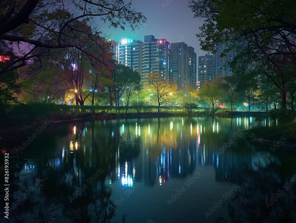 Tranquil Urban Nightscape with Reflections