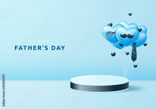 Illustration for Father's Day. Pedestal or podium for demonstrating a product with hearts and balloons on a blue background.