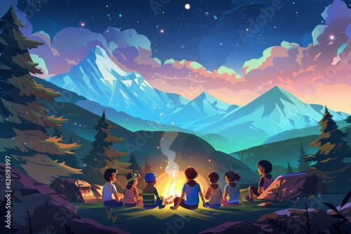 A cartoon painting of group of kids camping in the mountains, sitting around a campfire © hdesert