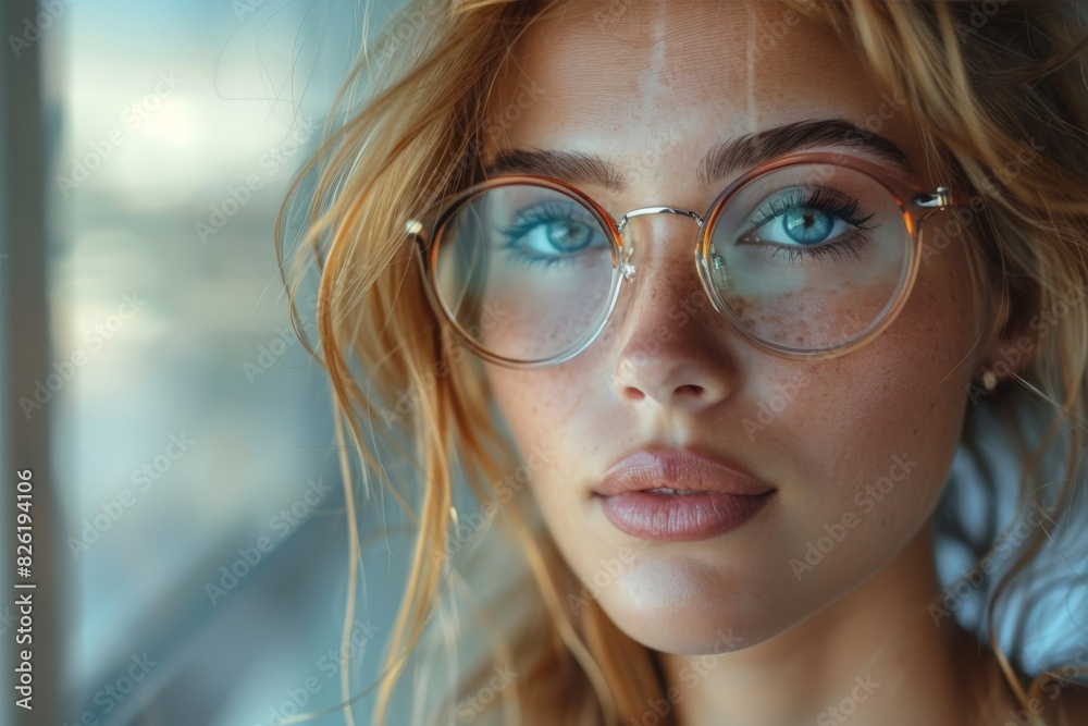 Close-up portrait of a woman with striking blue eyes and glasses, exuding a thoughtful and intelligent look