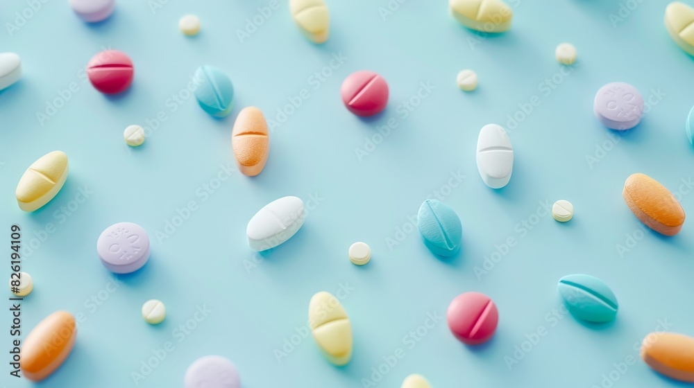 Health, Science and Lab Test Concept : Colorful pills and pastel shades of multivitamins in a light blue background Health, Science and Lab Test Concept : Colorful pills and pastel shades of multivitamins in a light blue background