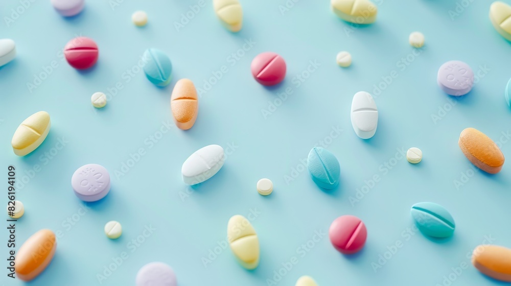 Health, Science and Lab Test Concept : Colorful pills and pastel shades of multivitamins in a light blue background