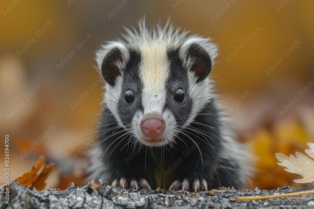 Fototapeta premium Close-up of an adorable baby skunk looking curiously at the camera, set against a blurred autumn background