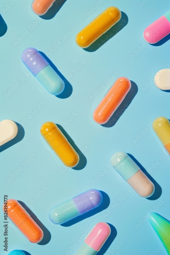 Health, Science and Lab Test Concept : Colorful pills and pastel shades of multivitamins in a light blue background Health, Science and Lab Test Concept : Colorful pills and pastel shades of multivitamins in a light blue background