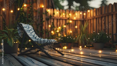 a modern wooden terrace with a striped white and grey blanket on a black armchair. A cozy outdoor place surrounded by greenery  with a wooden floor and white light garlands in the background.