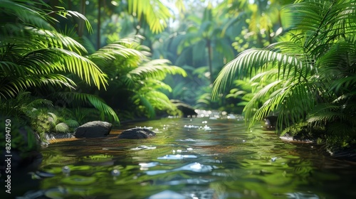 A simple stream with lush greenery and a bright sky photo