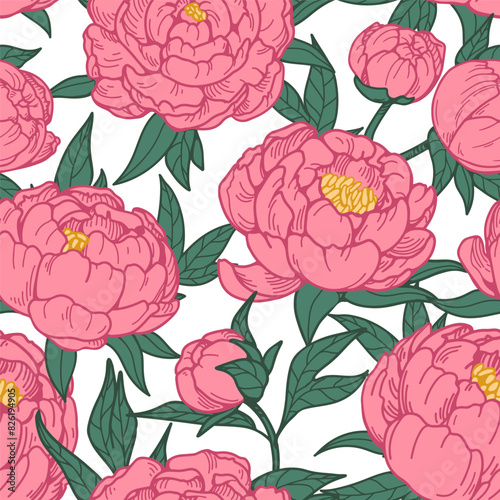 Peony pattern. Seamless floral print. Blossomed flowers, delicate botanical b...