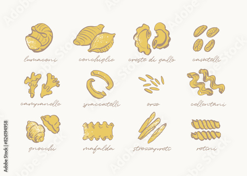 Sketchy drawing of different pasta types, hand drawn pasta guide photo