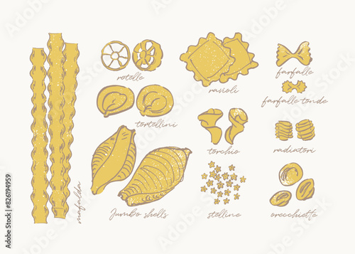 Sketchy drawing of different pasta types, hand drawn pasta guide