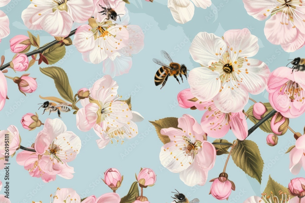 Stencil of bees flying among cherry blossoms Stencil of bees flying among cherry blossoms