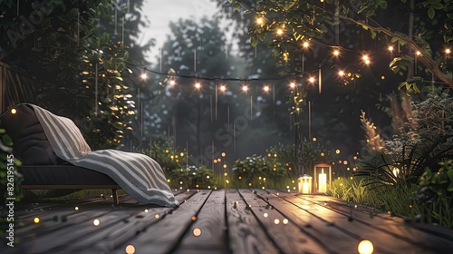 a modern wooden terrace with a striped white and grey blanket on a black armchair. A cozy outdoor place surrounded by greenery  with a wooden floor and white light garlands in the background.