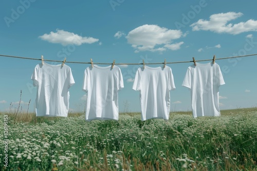 Four white T-shirts hung on an open-air clothesline in the field photo